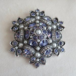 VTG JOAN RIVERS Faux Tanzanite, Pearls w/Rhinestones PIN BROOCH Silver Tone 2.5"